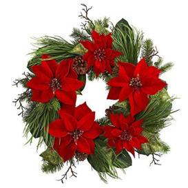 Nearly Natural 28” Poinsettia and Pine Wreath, Red