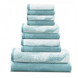SUPERIOR Cotton Solid and Marble Towel Set, 10 PC Mixed, Cyan