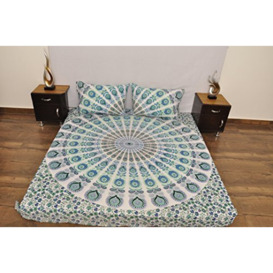 "Indian Turquoise White Urban Floral Outfitters Tapestry Wall Hanging Mandala Throw Bedspread Gypsy Cover Boho Queen Double Duvet Doona & 2 Pillow Case Set 100% Cotton 92"" x 84"" …"