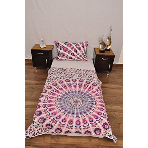 "Indian Pink White Urban Floral Outfitters Tapestry Wall Hanging Mandala Throw Bedspread Gypsy Cover Boho Single Twin Duvet Doona & 1 Pillow Case Set 100% Cotton 80"" x 54"" …"