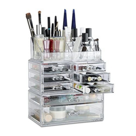 Relaxdays Organizer with Drawers, Stacking Makeup and Jewellery Box, Acrylic Cosmetic Kit, Transparent, 14 x 24 x 30 cm