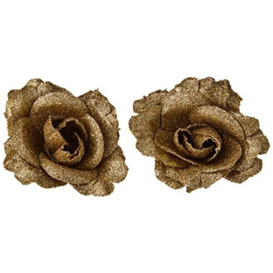 Pack of 2 Gold Glitter Roses Clip on Tree Decoration - Christmas Tree Decorations