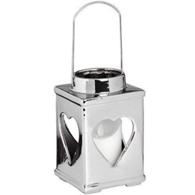 Hill 1975 Silver Ceramic Heart Candle Holder with Handle, Mixed, 19.5 x 12 x 12 cm