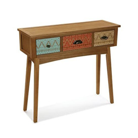 Versa Shikar 21080071 Console Table with 3 Drawers, New Zealand Pine, Brown and Multicoloured, 80.5 x 30 x 90 cm