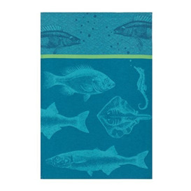 "Coucke French Cotton Jacquard Blue Fish Bench Towel 20"" x 30"" Turquoise"