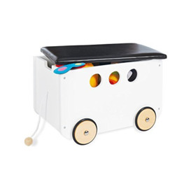 PINOLINO Jim toy box, made of wood and faux leather, with pull cord and rubberised wooden wheels, removable lid, from 3 years old, painted white/faux leather black