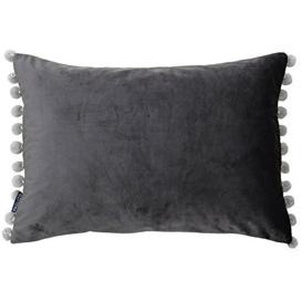 "Riva Paoletti Fiesta Rectangular Cushion Cover - Mink Grey - Silver Pompom Edges - Faux Velvet - Reversible - Zip Closure - 100% Polyester - 35 x 50cm ( 14"" x 20"" inches)"