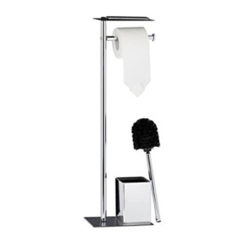 Relaxdays Butler with Paper Holder, Toilet Brush with Container, H x W x D 66 x 20 x 13 cm, Black-Silver, 66.5 x 20 x 13.5 cm