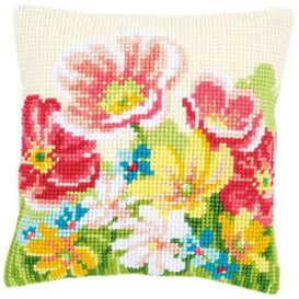 Vervaco Cross Stitch Cushion Satin Summer Flowers Sampler Cross Stitch Kit Cushion Vorbeze Nice, Cotton, multicoloured, 40 x 40 x 0.3 cm