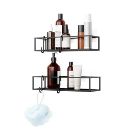 Umbra Cubiko Corner Shower Shelf with Hooks, No Drill Shower Caddy, Metal, Black, Set of 2