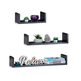 Relaxdays Wall Shelf, Set of 3, Modern Hanging Shelf, 15 cm Depth, For DVDs, Decorative, Black