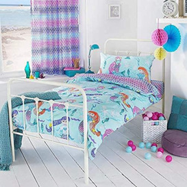 "Riva Paoletti Kids Mermaid Toddler Duvet Cover Set - Multicolour Blue - Reversible Underwater Mermaid Design - 1 X Pillowcase Included - Polycotton - Machine Washable - 120 X 150Cm (47"" X 59"" Inches)"