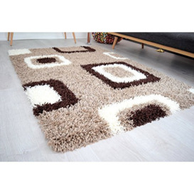 "BRAVICH RugMasters Extra Large Brown Beige and Ivory Cube Boxed Pattern Geometric Square Design Mix Super Soft High Deep Pile Luxury Shaggy Area Rug/Living Room Rug Carpet 200 x 290 cm (6'7"" x 9'6)"