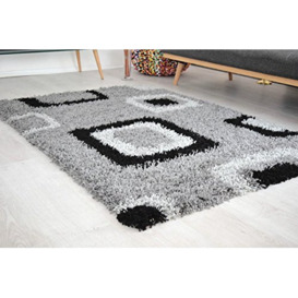 "BRAVICH RugMasters Runner Grey Black and Ivory Cube Boxed Pattern Geometric Square Design Mix Super Soft High Deep Pile Luxury Shaggy Area Rug/Living Room Rug Carpet 60 x 230 cm (2' x 7'7"")"