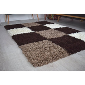 "Bravich RugMasters Runner Brown Beige and Ivory Checked Pattern Geometric Square Design Mix Super Soft High Deep Pile Luxury Shaggy Area Rug/Living Room Rug Carpet 60 x 230 cm (2' x 7'7"")"