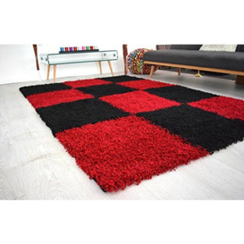 "Bravich RugMasters Extra Large Red Black and Ivory Checked Pattern Geometric Square Design Mix Super Soft High Deep Pile Luxury Shaggy Area Rug/Living Room Rug Carpet 200 x 290 cm (6'7"" x 9'6)"