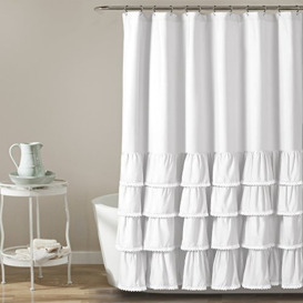 Lush Decor Ella Shower Curtain with Ruffle Lace Design - Shabby Chic Farmhouse Style Bathroom, 72” x 72”, White