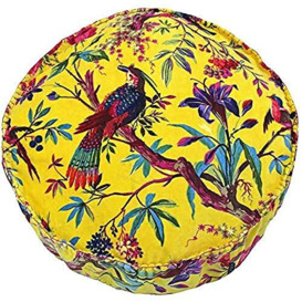 "Riva Paoletti Paradise Round Cushion Cover - Yellow - Colourful Bird Print - Faux Velvet Fabric - Blanket Stitched Edges - 100% Cotton - 50 x 50 x 12cm (20"" x 20"" x 5"" inches) - Designed in the UK"