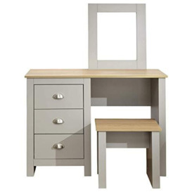 GFW Lancaster Dressing Table Set With 3 Drawers. Make Up & Hair Vanity Table With Drawers, Large Mirror & Oak Wooden Stool And Top, Modern Makeup Desk For Bedroom, Grey, H-131cm x W-104cm x D-44cm