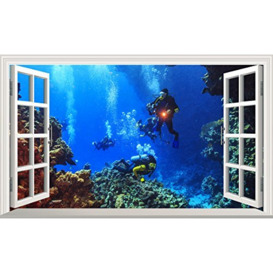 Scuba Diver Diving Underwater V3 3D Magic Window Wall Smash Sticker Self Adhesive Poster Wall Art Size 1000mm Wide x 600mm deep (Large)