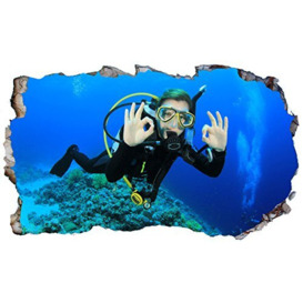 Scuba Diver Diving Underwater V4 3D Magic Window Wall Smash Sticker Self Adhesive Poster Wall Art Size 1000mm Wide x 600mm deep (Large)