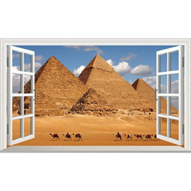 Egypt Camels Desert The Pyramids 3D V106 Magic Window Wall Sticker Self Adhesive Poster Wall Art Size 1000mm Wide x 600mm deep (Large)