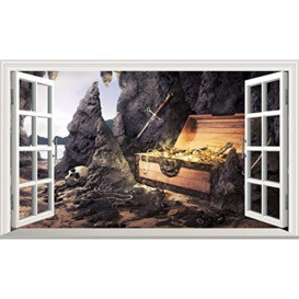 Pirate Cove Treasure Chest 3D V101 Magic Window Wall Sticker Self Adhesive Poster Wall Art Size 1000mm Wide x 600mm deep (Large)