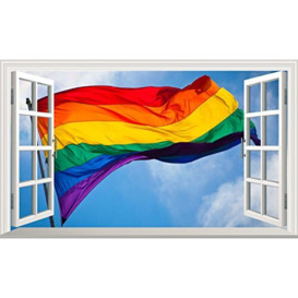 Gay Pride Rainbow Flag 3D V101 Magic Window Wall Sticker Self Adhesive Poster Wall Art Size 1000mm Wide x 600mm deep (Large)