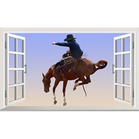 Rodeo Cowboy Rider 3D V101 Magic Window Wall Sticker Self Adhesive Poster Wall Art Size 1000mm Wide x 600mm deep (Large)
