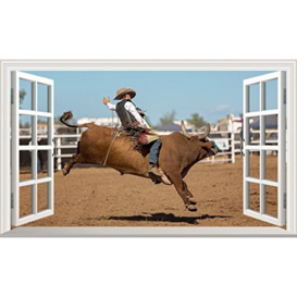 Rodeo Cowboy Bull Rider 3D V101 Magic Window Wall Sticker Self Adhesive Poster Wall Art Size 1000mm Wide x 600mm deep (Large)