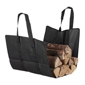Relaxdays Open Firewood Bag, Polyester, Portable Log Holder Basket, Foldable Tote, Durable, Black