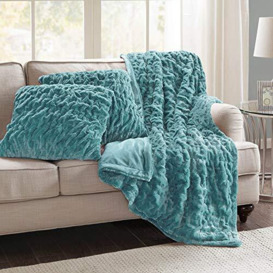 "Comfort Spaces Luxurious & Fuzzy Soft Ruched Faux Fur Plush Throw Blanket Set with 2 Matching Square Pillow Covers, for Sofa,Chair, Couch, Living Room, Home Office, Teal 50""x 60"""
