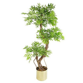Leaf Realistic Artificial Japanese Fruticosa Ficus Tree, Wood, Green and Amp Gold, 140cm