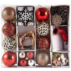 HEITMANN DECO Christmas - Set of 31 Christmas tree balls and decorations (pine cones, flakes, reindeer wood, stars etc.) - Red Christmas decorations, wood and natural colours, silver, to hang from the Christmas tree
