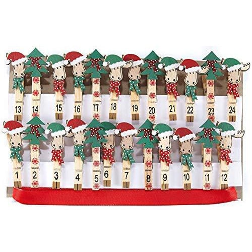 HEITMANN DECO Christmas - Wooden Clips for customized Advent calendar with hanging strap - DIY - Reindeer, Christmas Tree clasps