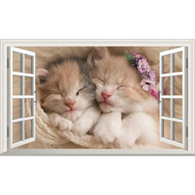 Cat Kitten Cats Kittens 3D V104 Magic Window Wall Sticker Self Adhesive Poster Wall Art Size 1000mm Wide x 600mm deep (Large)