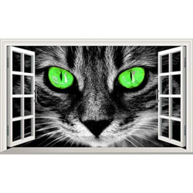 Cat Kitten Cats Kittens Cats Face Eyes 3D V112 Magic Window Wall Sticker Self Adhesive Poster Wall Art Size 1000mm Wide x 600mm deep (Large)