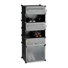 Relaxdays Plastic Shoe Cabinet, Modular Shelving System with 6 Compartments and Doors, DIY, Black, 52 x 37 x 9 cm