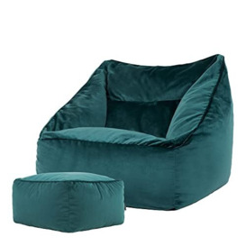 icon Natalia Velvet Lounge Chair Bean Bag and Footstool, Teal Green, Giant Bean Bag Velvet Chair, Large Bean Bags for Adult with Filling Included, Accent Chair Living Room Furniture