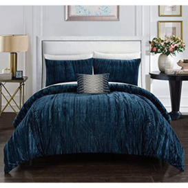 Chic at Home Westmont 4 Piece Comforter Set Crinkle Crushed Velvet Bedding-Decorative Pillow Shams Included, Microfiber, Navy, King