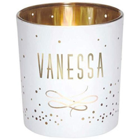 Draeger Paris Vanessa Name Tealight Holder in White Glass and Gold, H8 x L7.5 cm