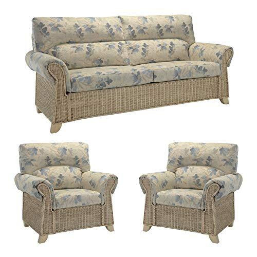 Desser Clifton Rattan Conservatory Furniture Set – 3 Seater Sofa & 2x Armchairs – Luxury Indoor Real Cane Wicker Chair & Settee Suite with UK Manufactured Cushions – Premium Oasis Fabric