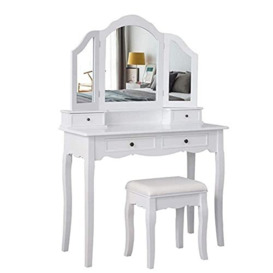Meerveil Dressing Table, Vanity Desk Set with 3-Folding Mirror 4 Drawers and Stool, MDF Painted White for Adult and Girls