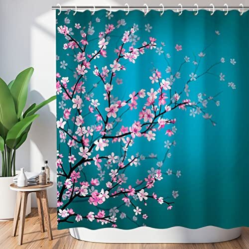 "LIVILAN Cherry Blossom Shower Curtain Japanese Shower Curtain Floral Sakura Plum Blossom Flower Shower Curtains with 12 Hooks Teal Blue and Pink Pretty Shower Curtain, 72"" W x 72"" H"