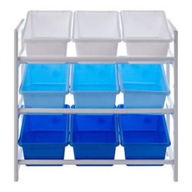 Premier Housewares 3 Tier Storage Unit, 9 Plastic Bins, Blue/White, Pine Wood