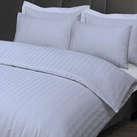 Linen Zone - 300 Thread 100% Egyptian Cotton 2cm Satin Stripe Pattern Hotel Quality Duvet Cover Set (2 Pillowcase, 1 Duvet Cover) Bedding Sets for All Seasons, Simple Style (White, Super King)