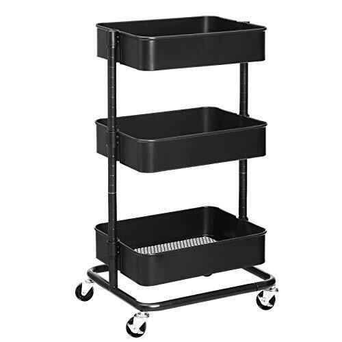 SONGMICS 3-Tier Storage Trolley, Rolling Cart, Kitchen Storage Cart with Height Adjustable Shelves, Utility Cart with 2 Brakes, Easy Assembly, for Bathroom, Kitchen, Office, Black BSC60B