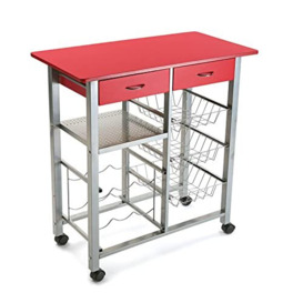 Versa Leicester Kitchen trolley with wheels, drawers and bottle rack, Greengrocer with pantry and organizers, Kitchen storage, Measurements (H x L x W) 82 x 40 x 76 cm, Wood and Metal, Colour Red