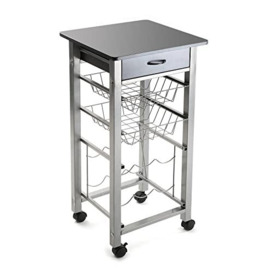 Versa Grey Vegetable Trolley Kitchen and Wine Rack with Drawer and Baskets with 4 Wheels, Metal, PVC and MDF Wood, 82 x 40 x 40 cm