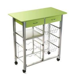 Versa Green Metal PVC and Wood Wine Rack with Drawers and Baskets with 4 Wheels, Polyvinyl Chloride, 76 x 40